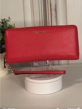 Michael Kors Red Leather Zip Wallet Wristlet